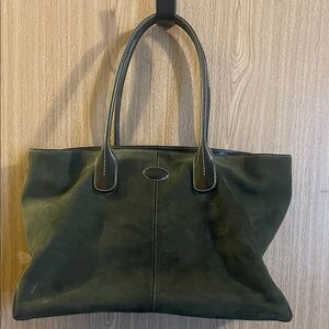 Tod's Dark Green Suede Tote Bag